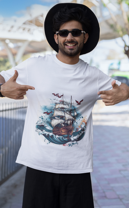 Ship Fighting the Waves Cotton Half-Sleeve T-Shirt